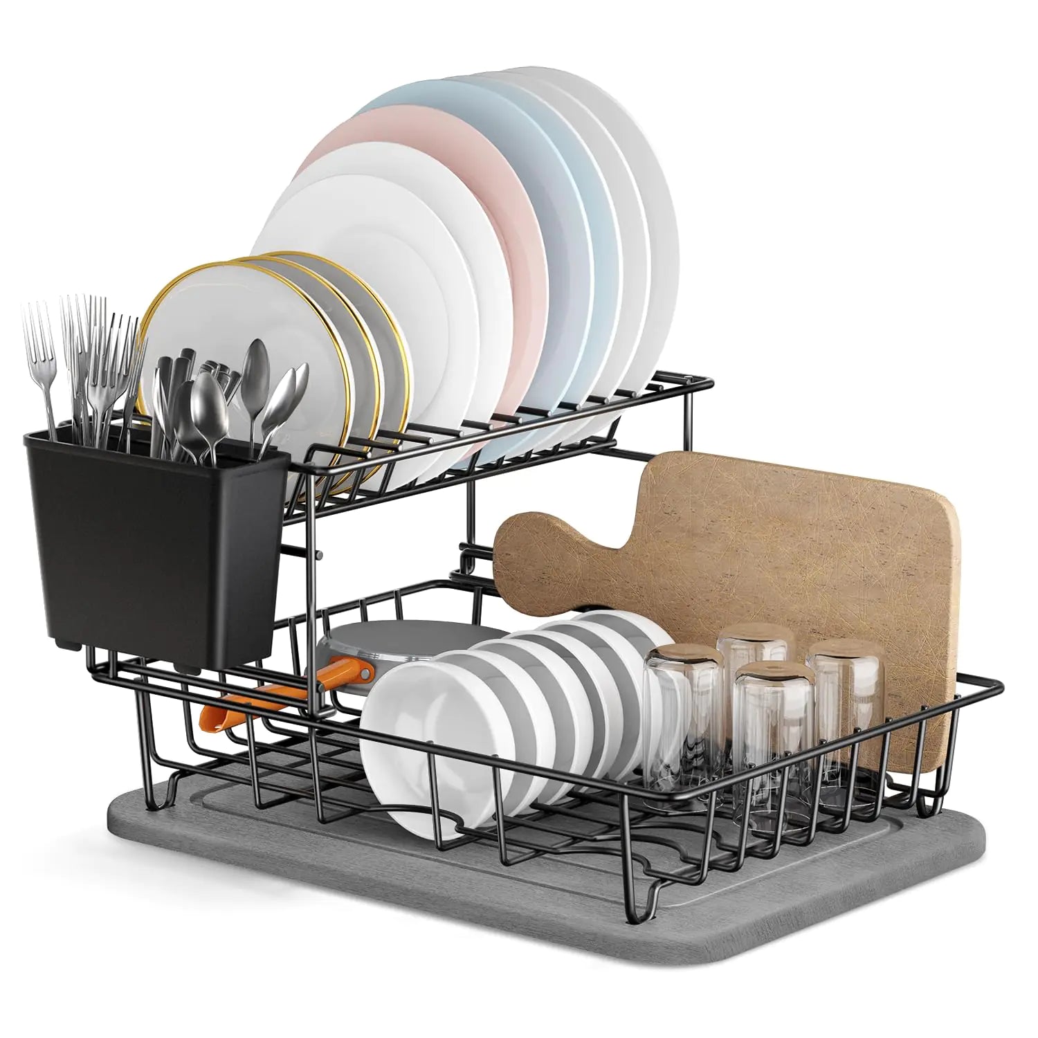 Dish Drying Rack with Stone Dish Drying Mat 2 Tier Diatomaceous Earth Stone Drying Rack for Kitchen Counter Quick-Drying / Stainless / Super Sturdy / Space-Saving Escurridor de Trastes para Cocina